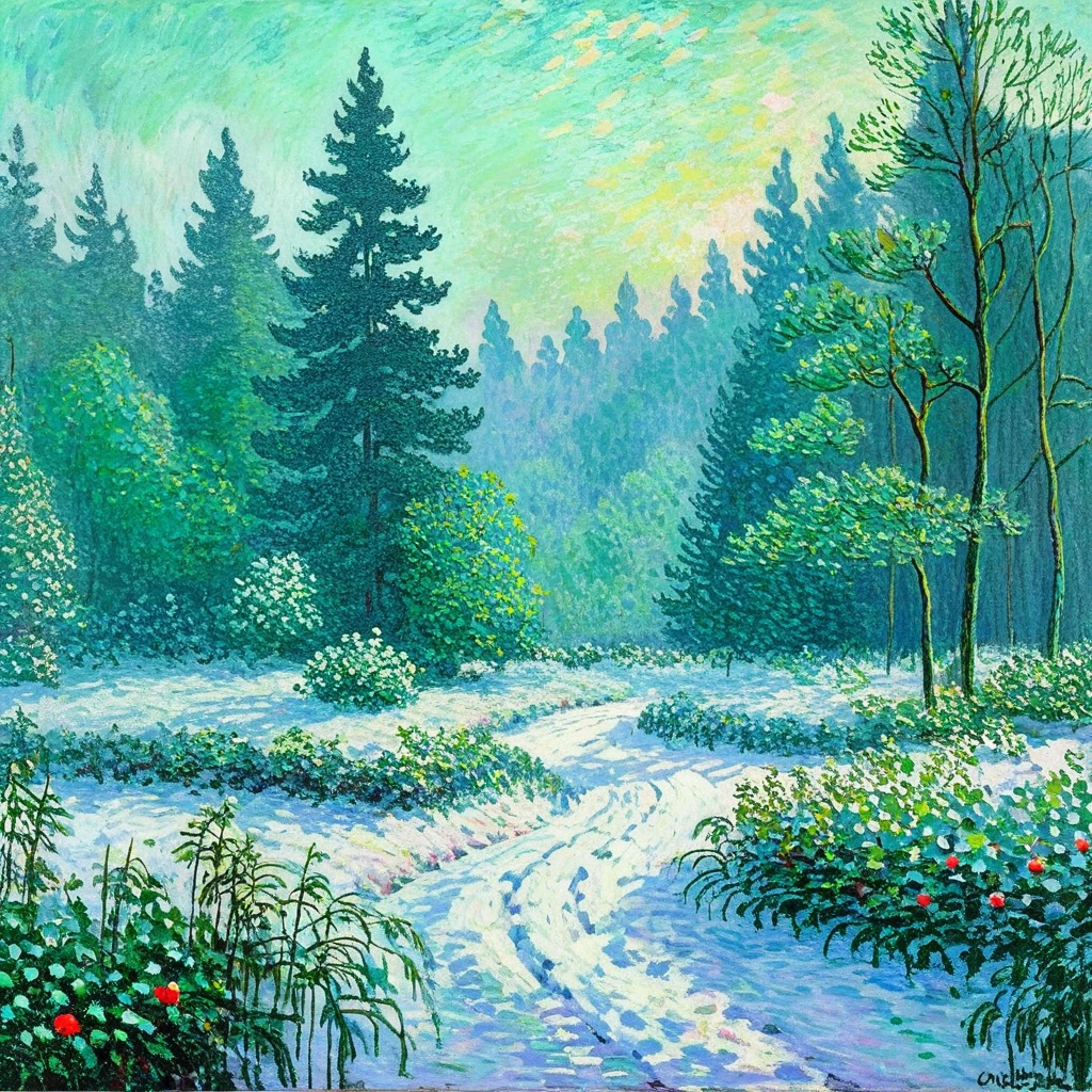 (Claude Monet),Forest cold background ,(landscape、Forest details) ,( Lonely),Claude Monet style