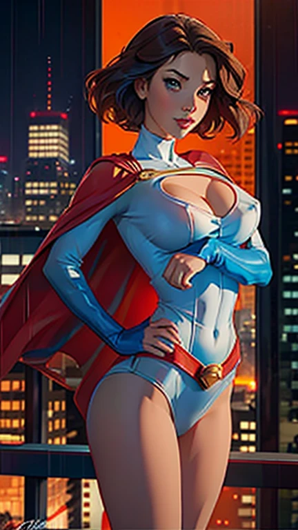 Two girls. Masterpiece. Two busty babes. Gloomy city, night, dim lights, under pouring rain, soaking wet. On skyscrapers roof tops, two hugely busty babes are undressing in front of each other, exposing their huge breasts and nipples. First, Supergirl in her signature blue and red outfit, with logo on chest and a red cape. Second, Power Girl in her signature white outfit with a cutout on the chest, red cape attached on left side of outfit. Two girls together. Girl power. Girl passionate love. HD. High quality.