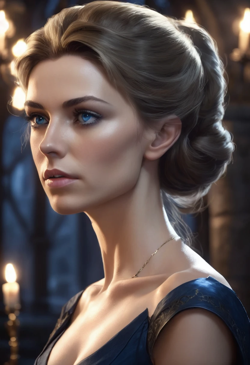 1 woman, inside a castle at night, wearing an elegant blue dress with a high collar, slim body, detailed facial features, feminine blue-gray eyes, small pointy ears, detailed fair skin, golden brown hair in a bun, dramatic lighting, cinematic composition, dark palette, dark colors, atmospheric fog, thin chin, angry face, serious face, thin and beautiful woman, adult woman, ultra realistic, profile picture, adult woman (best quality, 4K, 8K, high resolution, art: 1.2), ultra detailed (realistic, photorealistic, photorealistic: 1.37)