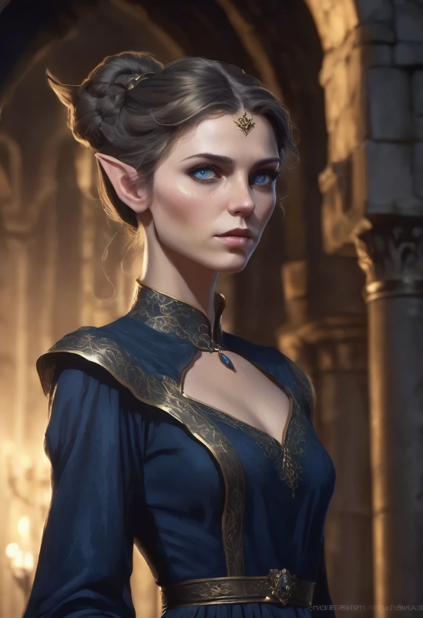 1 woman, inside a castle at night, wearing an elegant dark blue dress with a high collar, slender body, detailed facial features, feminine gray-blue eyes, small pointy elf ears, detailed fair skin, golden brown hair tied in a bun, dramatic lighting, cinematic composition, dark palette, dark colors, atmospheric fog, thin chin, angry face, serious face, thin and beautiful woman, adult woman, ultra realistic, profile picture, adult woman (best quality, 4K, 8K, high resolution, art: 1.2), ultra detailed (realistic, photorealistic, photorealistic: 1.37)