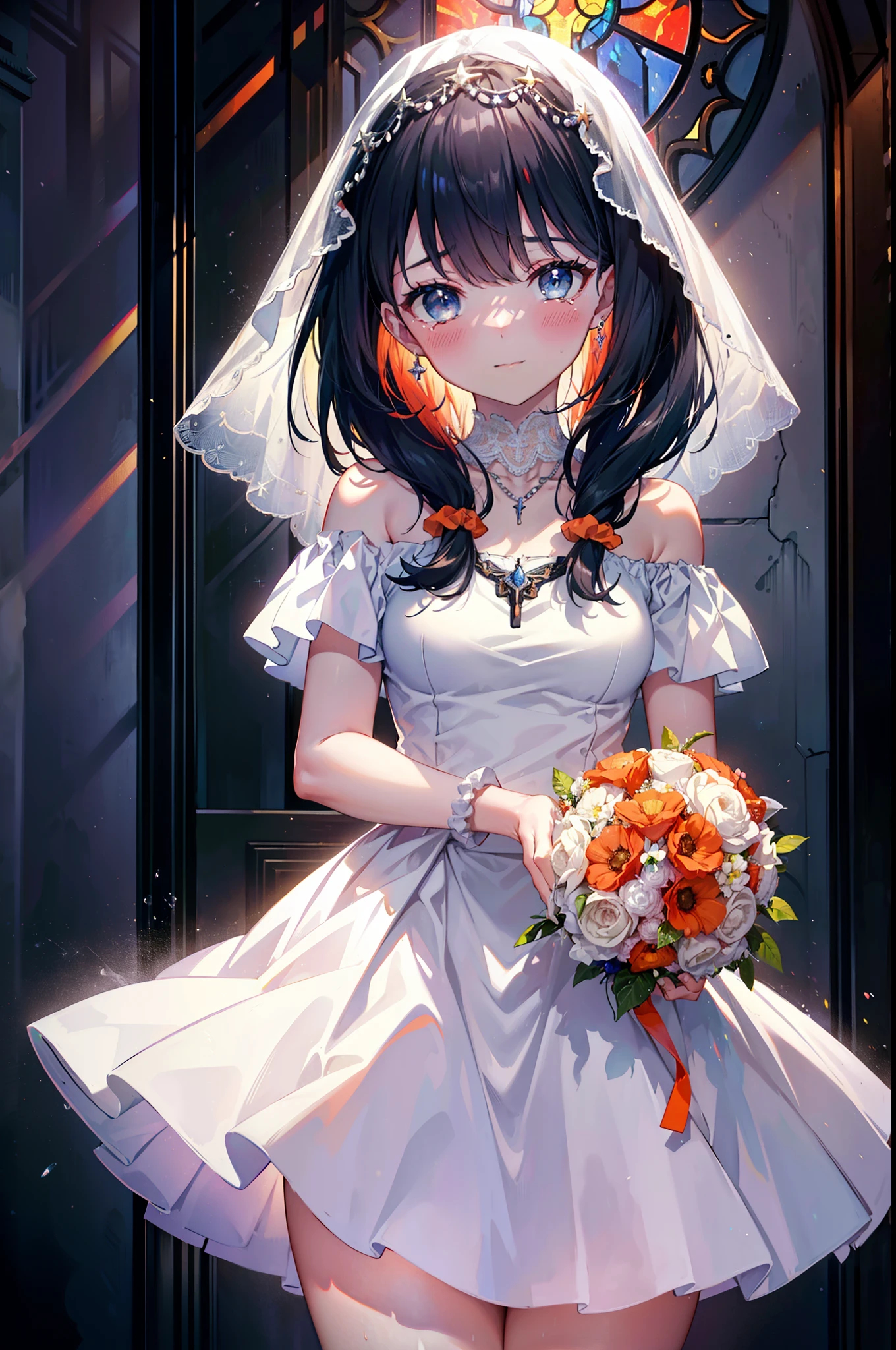 Rikka body, Black Hair, blue eyes, Long Hair, orange Scrunchie, Scrunchie, wrist Scrunchie,smile,blush,off-the-shoulder wedding dresses,wedding long skirt,necklace,Veil,Holding a bouquet in both hands,,Please close your eyes.,Tears stream down her face,Tears of joy,I cry a lot,Stained glass,
break looking at viewer, whole body,(Cowboy Shot:1. 5) break indoors, Chapel,church, break (masterpiece:1.2), Highest quality, High resolution, unity 8k wallpaper, (shape:0.8), (Beautiful attention to detail:1.6), Highly detailed face, Perfect lighting, Extremely detailed CG, (Perfect hands, Perfect Anatomy),