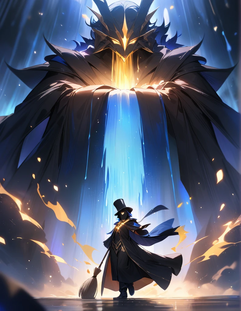 Blue aura, black magician robe, holding a broom, black top hat, black mask, golden glowing eyes, masterpiece, accurate, Highest quality, Black short hair waterfall