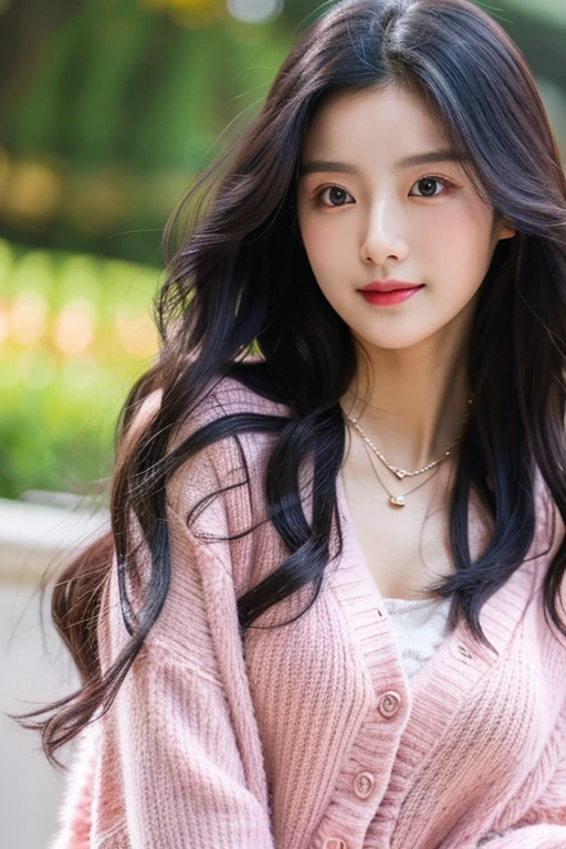 Korean, black long wavy hair, glossy pink lips, no makeup ,pink cardigan,necklace, pretty, outside