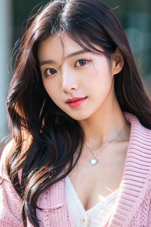 Korean, black long wavy hair, glossy pink lips, no makeup ,pink cardigan,necklace, pretty, outside