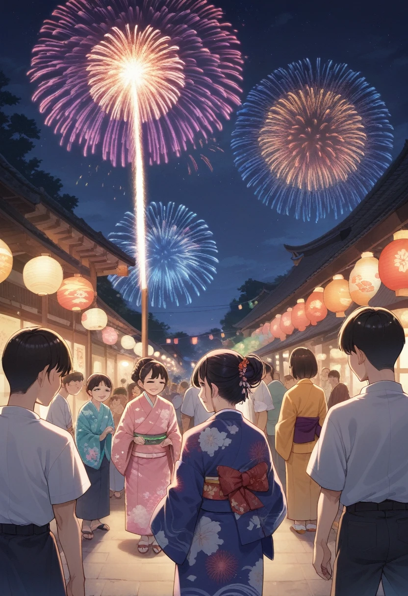 there is a woman in a kimono standing with a group of children, [ fireworks in the sky ]!!, inspired by Matsuno Chikanobu, summer festival night, japanese animation style, fireworks in the background, in a kimono, wearing a colorful yukata, japanese cartoon style, night!, firework, digital anime illustration