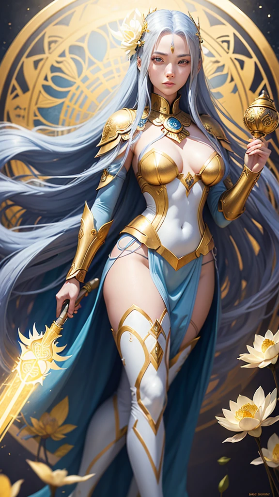 woman with white, oriental, long hair, blue locks, yellow eyes and another blue eye, fair skin, dressed in golden armor with a lotus flower, similar to the armor of Camus from Aquarius of the knights of the zodiac, with a staff, whose tip has a large golden Cylinder, floating on a golden lotus flower