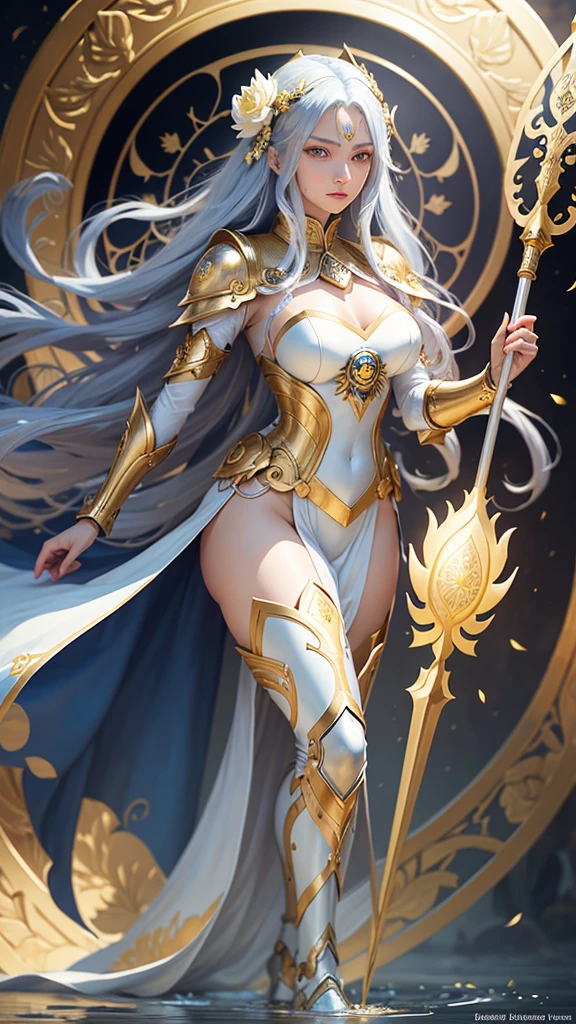 woman with white, oriental, long hair, blue locks, yellow eyes and another blue eye, fair skin, dressed in golden armor with a lotus flower, similar to the armor of Camus from Aquarius of the knights of the zodiac, with a staff, whose tip has a large golden Cylinder, floating on a golden lotus flower