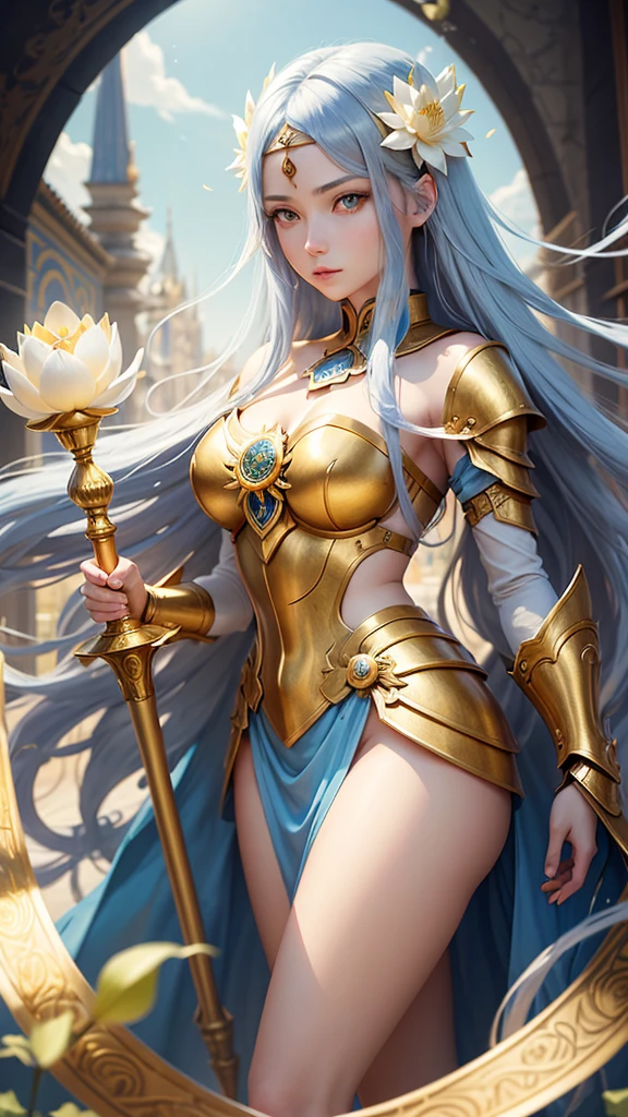 woman with white, oriental, long hair, blue locks, yellow eyes and another blue eye, fair skin, dressed in golden armor with a lotus flower, similar to the armor of Camus from Aquarius of the knights of the zodiac, with a staff, whose tip has a large golden Cylinder, floating on a golden lotus flower