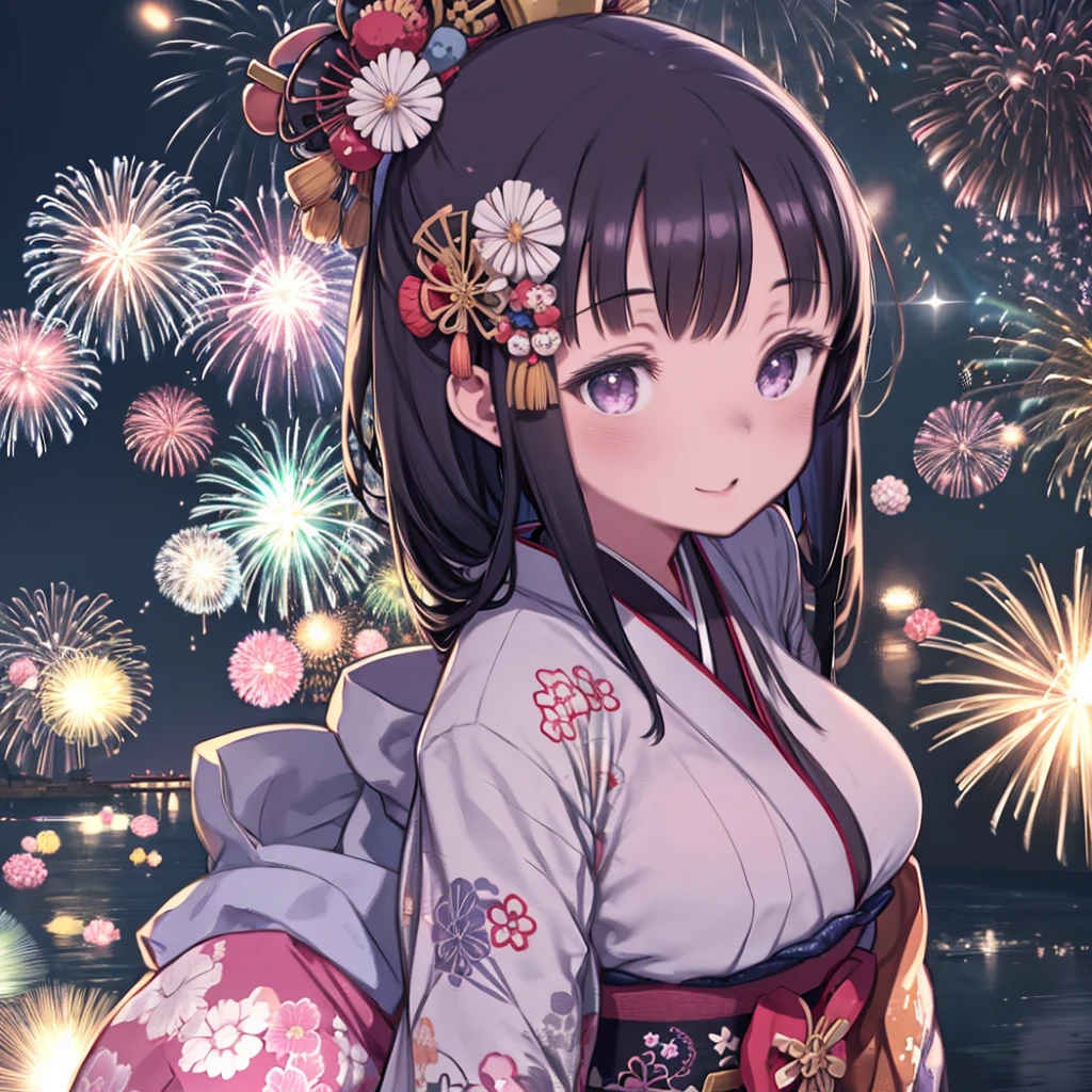 One Girl、Japanese Festivals、Fireworks display、kimono、night、Fireworks、laughing、Black Hair、Purple Eyes、Long Straight Hair、Big Breasts、Looking up at the sky、Face illuminated by light、Clearly shaded face、Cluster