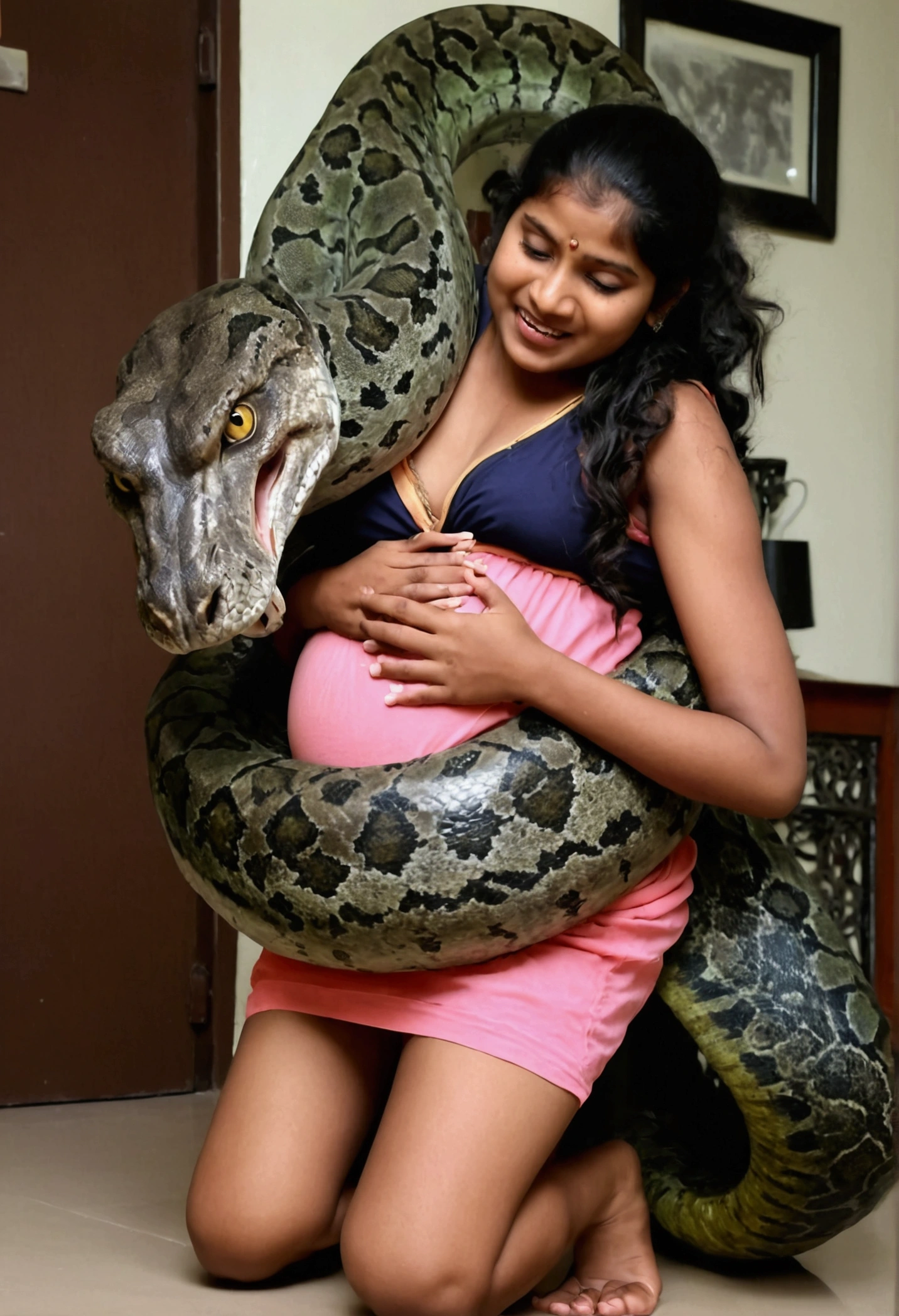  Pregnant Topless  pink thong wearing aroused horny beautiful happy indian   girl  vs  Giant black anaconda    monster wrapped around her body squeezing her in coiled embrace cuddling and kissing  sexual erotic bestiality  sex  realistic in the rainforest full body, best quality wet 