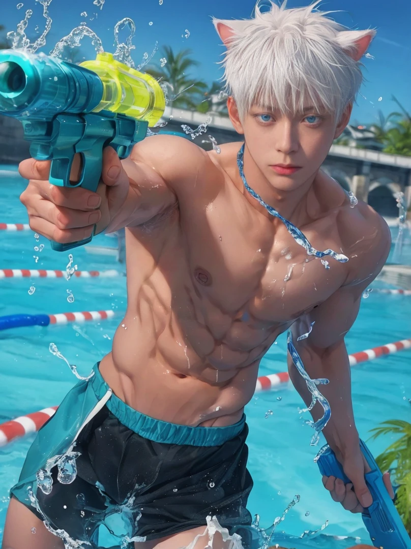 1 male, Japanese male model, high resolution 4k, adult, handsome, perfect face detail, detailed eyes and face, clean shaved, sixpack, white eyebrow hair, white eyelashes, Naked torso, Detailed face, perfect face, dynamic lighting, Real skin texture, ((Perfect hand details)), ((Real and complete hand details)), unreal engine, hd picture, satoru gojo, Jujutsu kaisen, white hair, short hair ,hair between eyes ,blue eyes, white skin, Water details, hold the water gun, water splash, cat ears