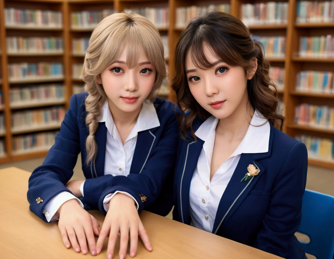 (超High resolution, masterpiece, Anatomically correct, Textured skin, Super Detail, Highest quality, High resolution, 8k, bloom, Front light:1.2, Perfect dynamic composition), (24-years-old, 1 person, Cute and sexy high school teacher, Sexy Face, Long face, Distant eyes, Gentle eyelids, Thin eyebrows, Gentle corner of the eye, Hawk-like nose:1.4, It will totally charm you, Eyes that feel erotic, A taste of beautiful eroticism, Too cute beauty), break, Absurd, One person's perspective, ((White button-up shirt)), ((Navy Blue Formal Jacket)), (Captivating smile:0.8), (View your viewers), (Long Hair, Inward curls, bangs, Smooth Hair), (Beige hair:1.2), (Chest close-up: 1.3), ((Very close relationship:1.4)), Mid-chest, ((Place your hands on the table:1.2, Facing each other across the table:1.2)), ((In the school library)), (Shooting from above:1.2), Keiko Kitagawa.