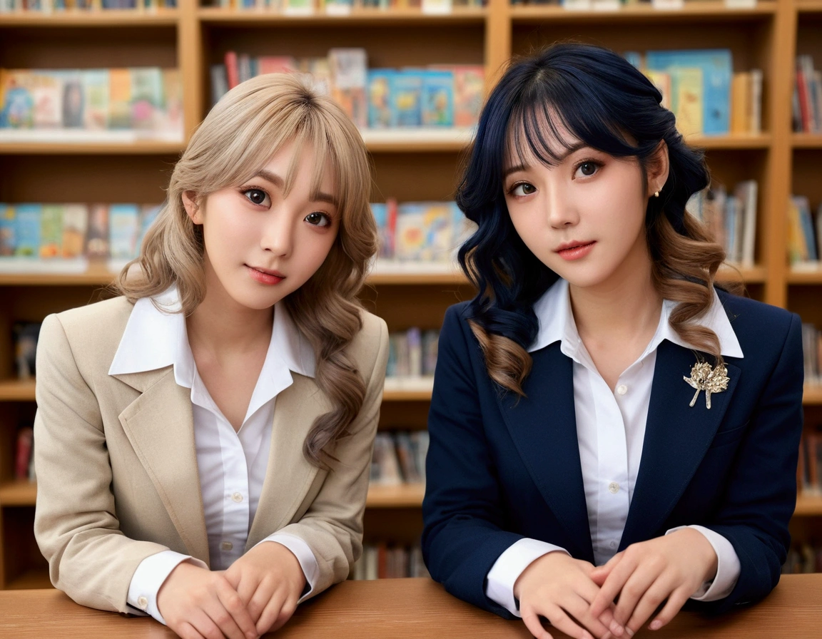 (超High resolution, masterpiece, Anatomically correct, Textured skin, Super Detail, Highest quality, High resolution, 8k, bloom, Front light:1.2, Perfect dynamic composition), (24-years-old, 1 person, Cute and sexy high school teacher, Sexy Face, Long face, Distant eyes, Gentle eyelids, Thin eyebrows, Gentle corner of the eye, Hawk-like nose:1.4, It will totally charm you, Eyes that feel erotic, A taste of beautiful eroticism, Too cute beauty), break, Absurd, One person&#39;s perspective, ((White button-up shirt)), ((Navy Blue Formal Jacket)), (Captivating smile:0.8), (View your viewers), (Long Hair, Inward curls, bangs, Smooth Hair), (Beige hair:1.2), (Chest close-up: 1.3), ((Very close relationship:1.4)), Mid-chest, ((Place your hands on the table:1.2, Facing each other across the table:1.2)), ((In the school library)), (Shooting from above:1.2), Keiko Kitagawa.