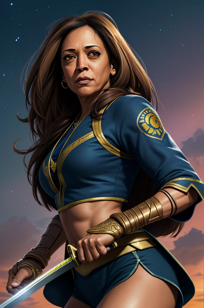 Highest quality，High resolution， ((Kamala Devi Harris)) ，（America），One person，warrior，（car key_coat），warrior，woman，One personで，strongest，Anime Style，（Brown_Hair Color）（Night Sky_background），(Limbs)，(Full Finger)，(Accurate fingertips), (The finer details), (Super detailed)，(Japanese sword:)，4K，(high resolution)，whole body, (Front angle), Looking at the camera,masterpiece，(Subtle details)，(Intricate details)，Octane Rendering，(Hyper Detail)，