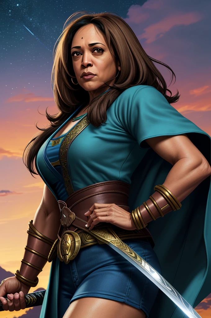 Highest quality，High resolution， ((Kamala Devi Harris)) ，（America），One person，warrior，（car key_coat），warrior，woman，One personで，strongest，Anime Style，（Brown_Hair Color）（Night Sky_background），(Limbs)，(Full Finger)，(Accurate fingertips), (The finer details), (Super detailed)，(Japanese sword:)，4K，(high resolution)，whole body, (Front angle), Looking at the camera,masterpiece，(Subtle details)，(Intricate details)，Octane Rendering，(Hyper Detail)，