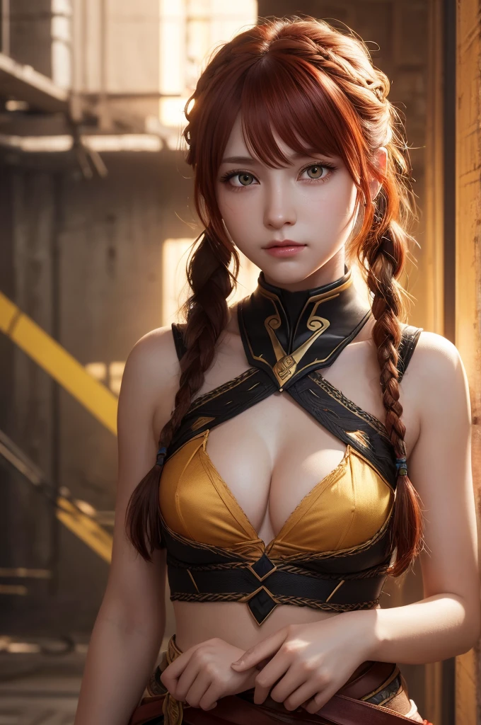 (extremely detailed CG unity 8k wallpaper),(masterpiece),(best quality),(ultra-detailed),(best illustration),(best shadow),(absurdres), Makima, 1girl, ringed eyes, red hair, yellow eyes, sidelocks, upper body, braided ponytail, medium breasts