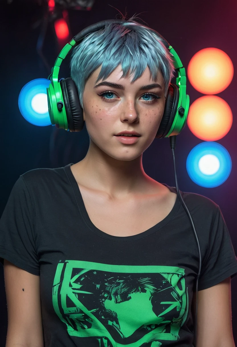 Woman 20 Years Old Nordic Ethnicity, short blue hair with a perfect face and light freckles, Blue-Green Eyes, (((on stage))), (((DJane))), headphones, cyberpunk, stage light, neon light, party light, rave, high quality, realistic, photorealistic, 8k, ultra-detailed, masterpiece, cinematic lighting, action, (((very dynamic pose))), full body, ((wearing a funky black T-Shirt with Punk Print and jeans pants)), (((mixing desk))), (((DJing))), (((dancing))), concert, (((singing)))