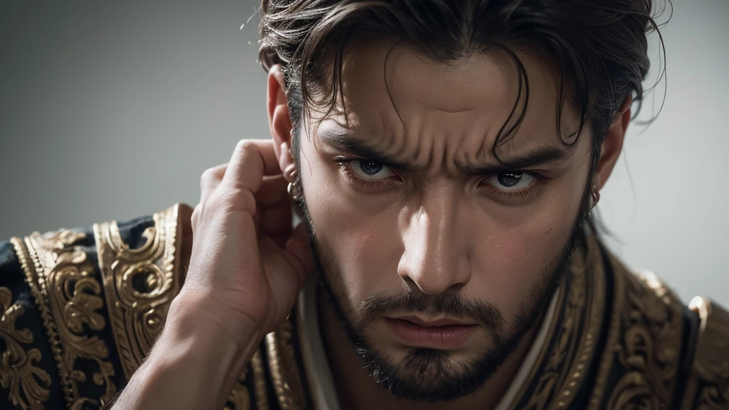 realistic portrait of a Roman emperor Tiberius with a sorrowful expression, close-up view, hands clutching his head, screaming in anguish, wide open terrified eyes, highly detailed, cinematic dramatic lighting, muted color palette, masterpiece, 8k, photorealistic