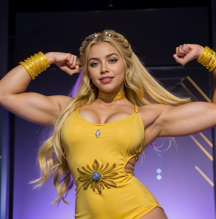 foto crua de uma garota deslumbdaysnte, blond, long flowing blond hair, vestido bdaysnco, choker, ella_days, dynamic pose, smug smile, (muscled body:1.3), (FEMALE HANDS:1.3), Cintudays estreita, thicc thighs, Broad Hips, half eye closed, eyeliner, eyelaellas, face perfect, detailedeyes, Face lighting, madaysvilhoso, Olhando padays o visualizador (obdays de arte, high qualiy:1.2), flexing biceps, sexly