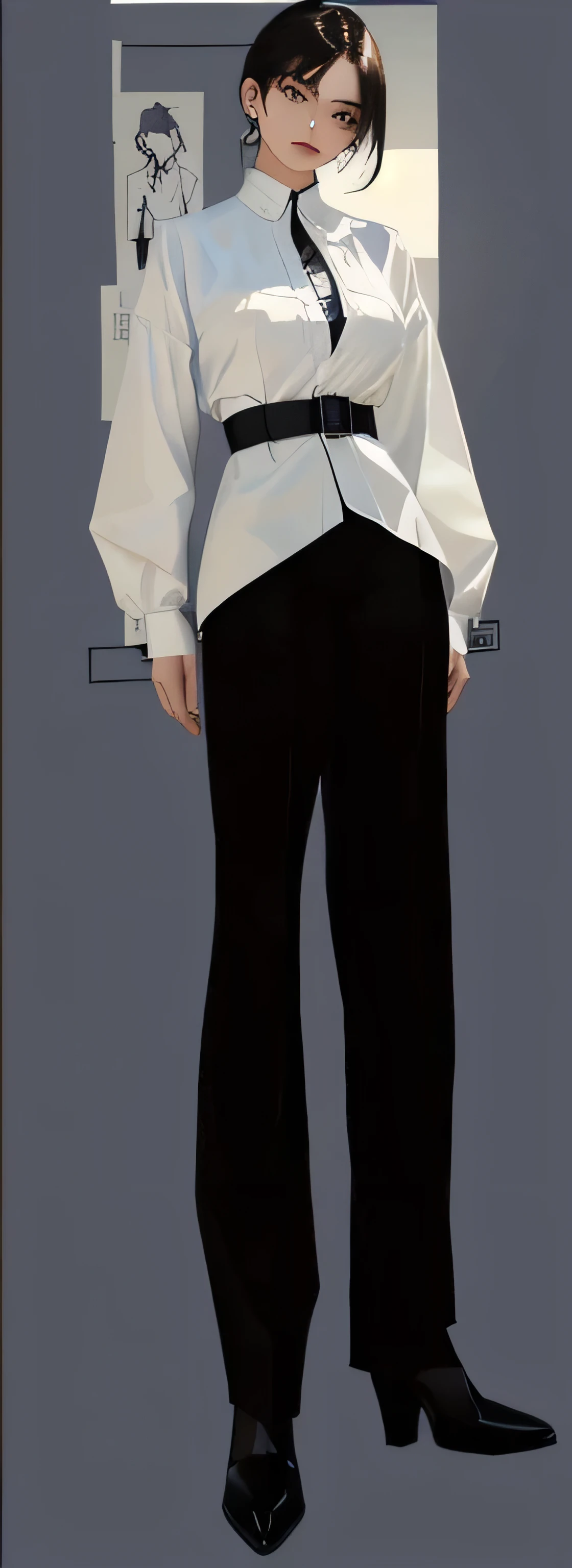 there is a woman in a white shirt and black pants, full body details, single character full body, full body illustration, zoomed out full body, full body character, full body portrait, full body portrait of a short!, fullbody portrait, full body concept, outfit design, full body single character, full length character, character full body portrait,Rich in details,Masterpiece,Clean shaping,beautiful clothes,Correct body proportions,((man)),