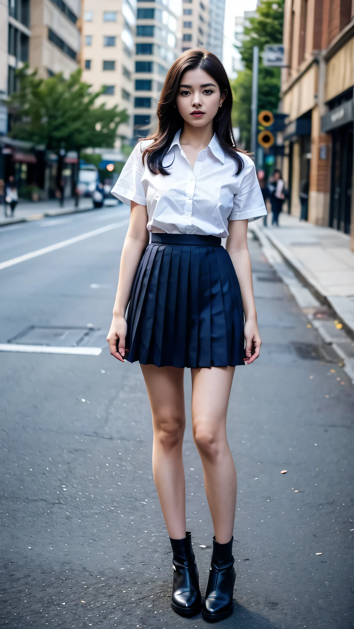 (18 years old beautiful girl), ((Best quality, 8k, Masterpiece: 1.3)), Focus: 1.2, Perfect Body Beauty: 1.4, (night, Street:1.3), Highly detailed face and skin texture, Fine eyes, Double eyelids, pale skin, slender arms, (skinny), ((big tits)), (elected nipples), White Short Sleeve sheer Dress Shirt, (Navy pleated skirt:1.5), ((mini skirt)), ((full body)), ((head to toe)),