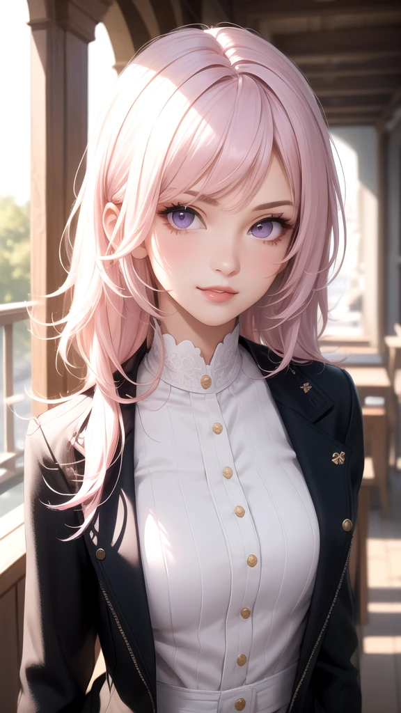 (masterpiece, best quality), intricate details, thin, ((slim)), beautiful girl, Light pink hair, white skin, light purple eyes, sharp jawline, cropped jacket, messy hair, lips, upper body, close up, smirk