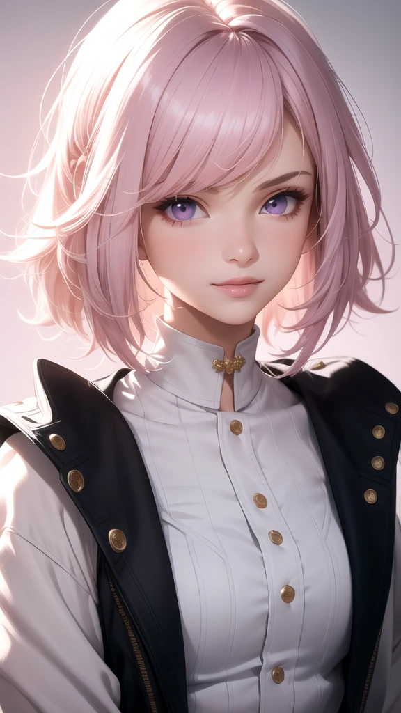 (masterpiece, best quality), intricate details, thin, ((slim)), beautiful girl, Light pink hair, white skin, light purple eyes, sharp jawline, cropped jacket, messy hair, lips, upper body, close up, smirk