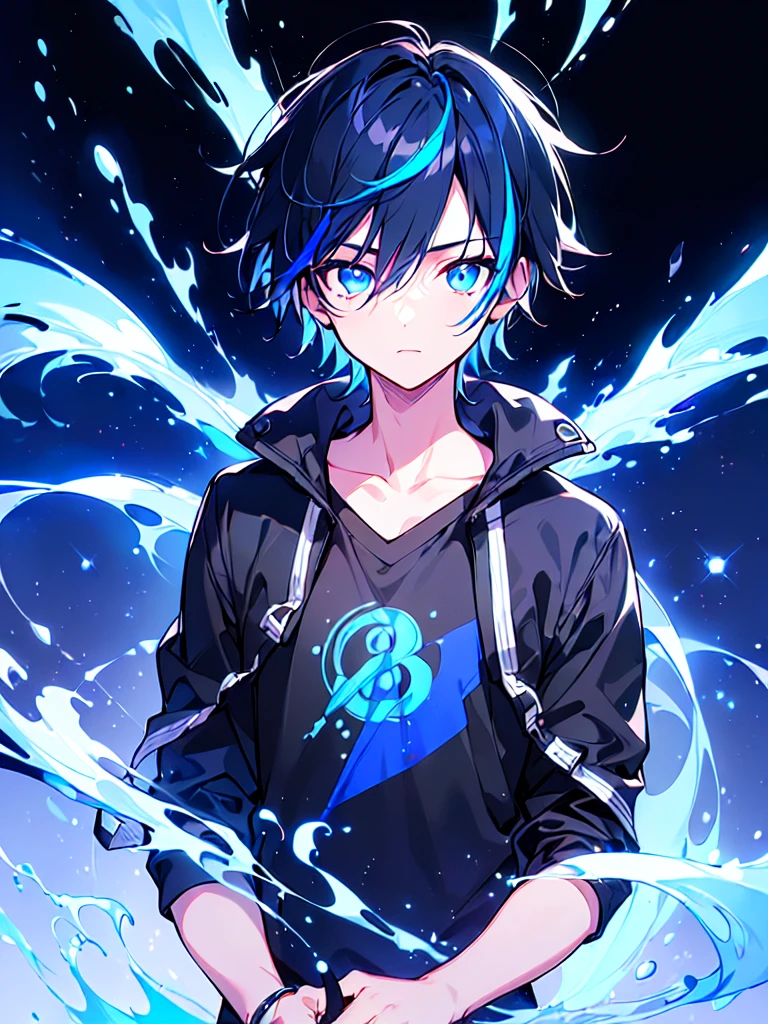 [(BLACK BACKGROUND:1.5),::5], ((((masterpiece)))), high quality, ultra very high resolution, full color, (((solo))), ((little boy)), BLACK hair, ((Blue streaked hair)), (oriental deepblue eyes), anime, ((upper body)), Summer clothes, neon light, black parka,