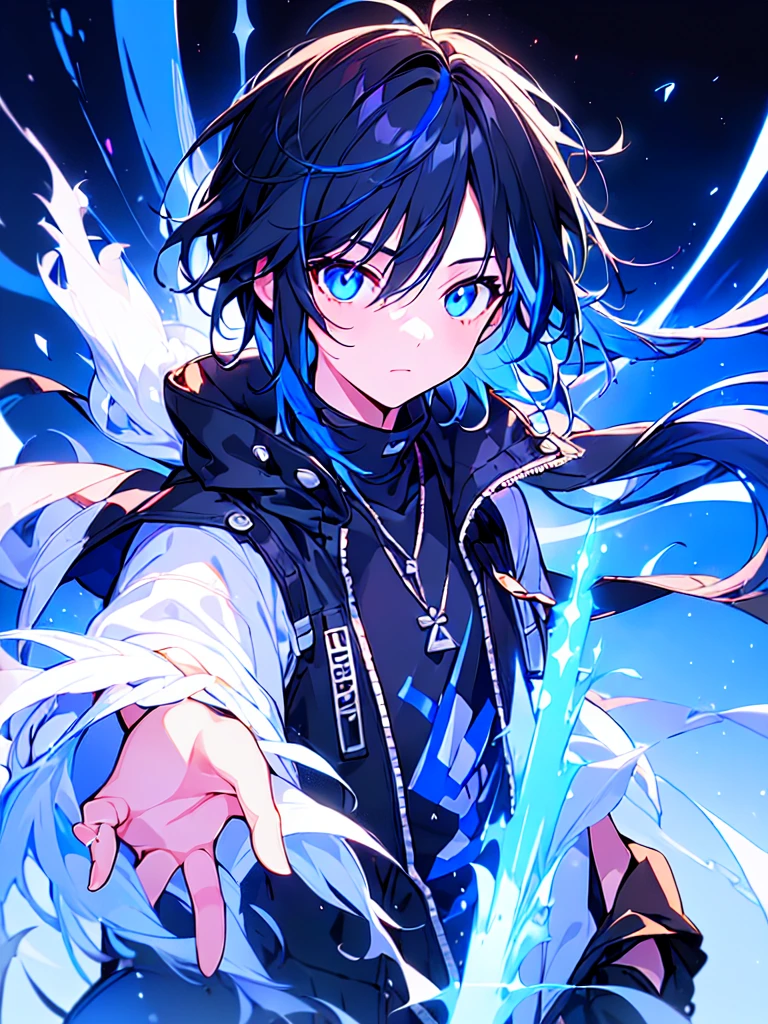 [(BLACK BACKGROUND:1.5),::5], ((((masterpiece)))), high quality, ultra very high resolution, full color, (((solo))), ((little boy)), BLACK hair, ((Blue streaked hair)), (oriental deepblue eyes), anime, ((upper body)), Summer clothes, neon light, black parka,