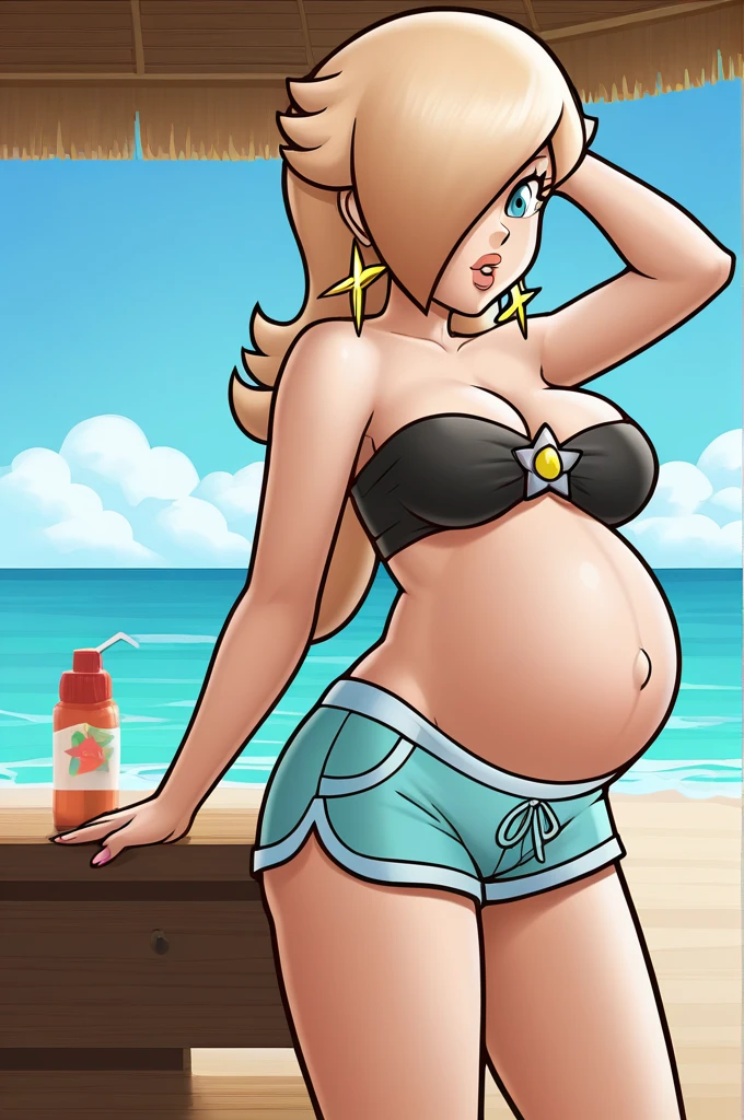 score_9, score_8_up, 1girl, solo, rosalina, style parody, thick outlines, black bikini, shorts, pregnant belly, sleeveless, strapless, cleavage, indoors, beach,