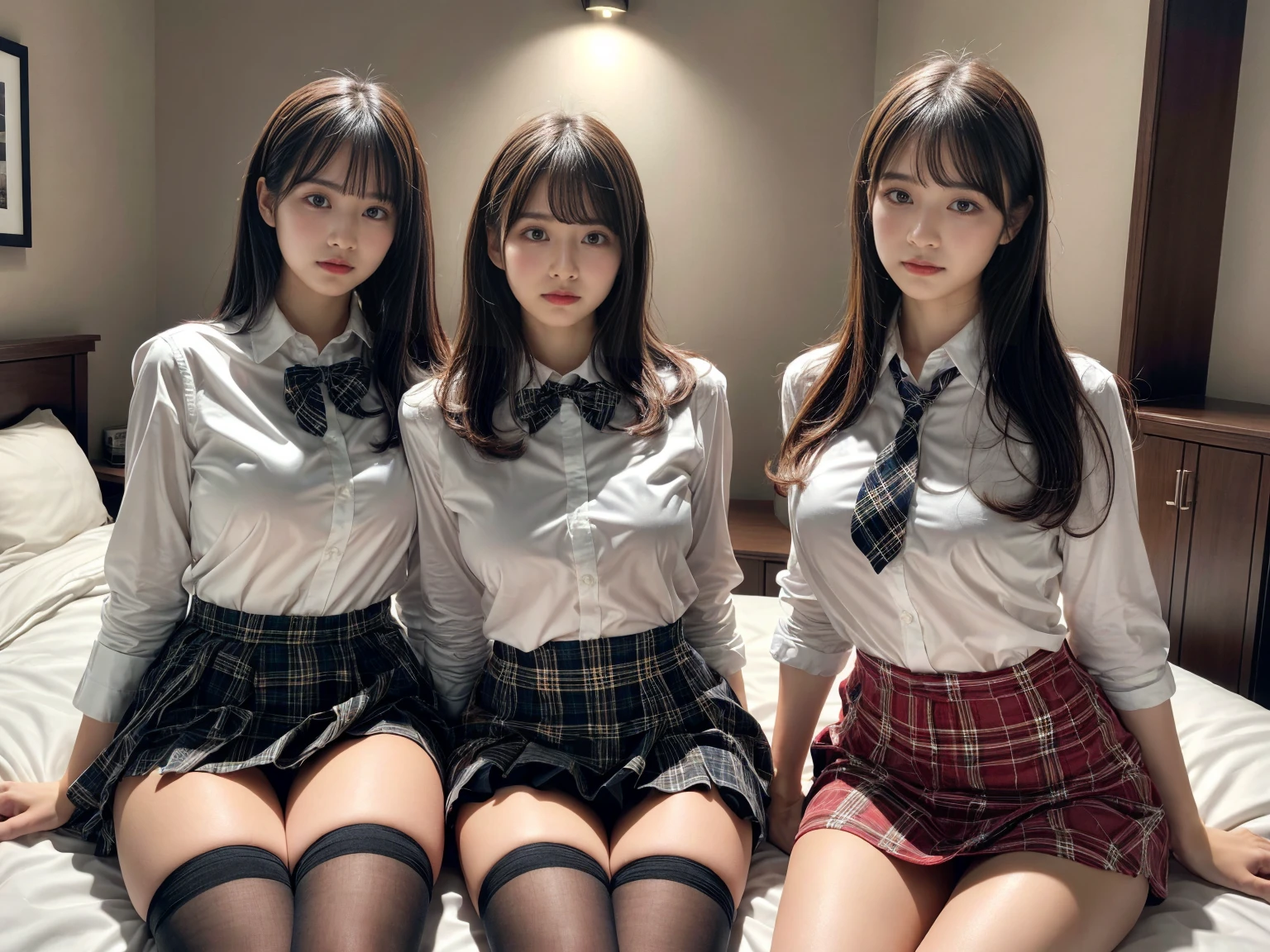 masterpiece, best quality, illustration, Super detailed, fine details, High resolution, 8K,wall paper, perfect dynamic composition,(Details High quality, realistic depiction of eyes:1.3), (3 girls), (white school shirt :1.2), (plaid skirt :1.3), tie black, black thigh-high stockings, sitting, open legs, short bob hair, in a hotel room in the background, deep on field, large breasts, black hair color, Big Natural Color Lip, (perfect body shape), crying a little、Harajuku style、20 year old girl、cute type、beautiful legs, Gravure Idol