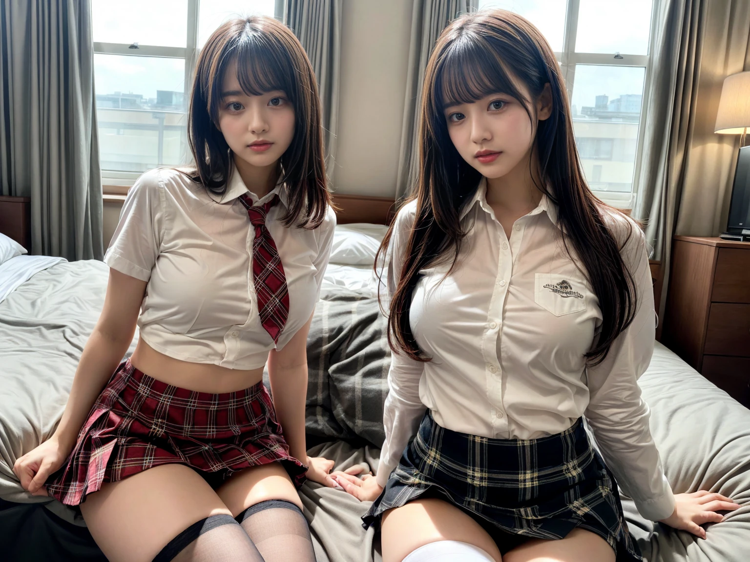 masterpiece, best quality, illustration, Super detailed, fine details, High resolution, 8K,wall paper, perfect dynamic composition,(Details High quality, realistic depiction of eyes:1.3), (3 girls), (white school shirt :1.2), (plaid skirt :1.3), tie black, black thigh-high stockings, sitting, open legs, short bob hair, in a hotel room in the background, deep on field, large breasts, black hair color, Big Natural Color Lip, (perfect body shape), crying a little、Harajuku style、20 year old girl、cute type、beautiful legs, Gravure Idol