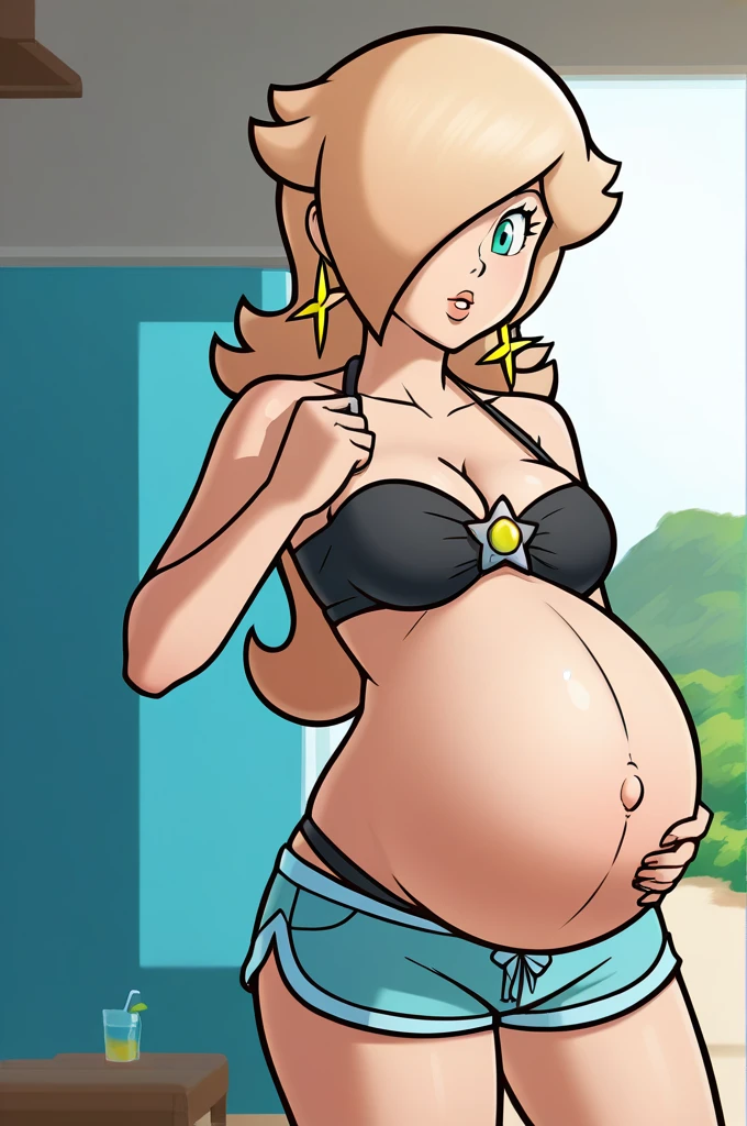 score_9, score_8_up, 1girl, solo, rosalina, style parody, thick outlines, black bikini, shorts, pregnant belly, sleeveless, strapless, cleavage, indoors, beach, 