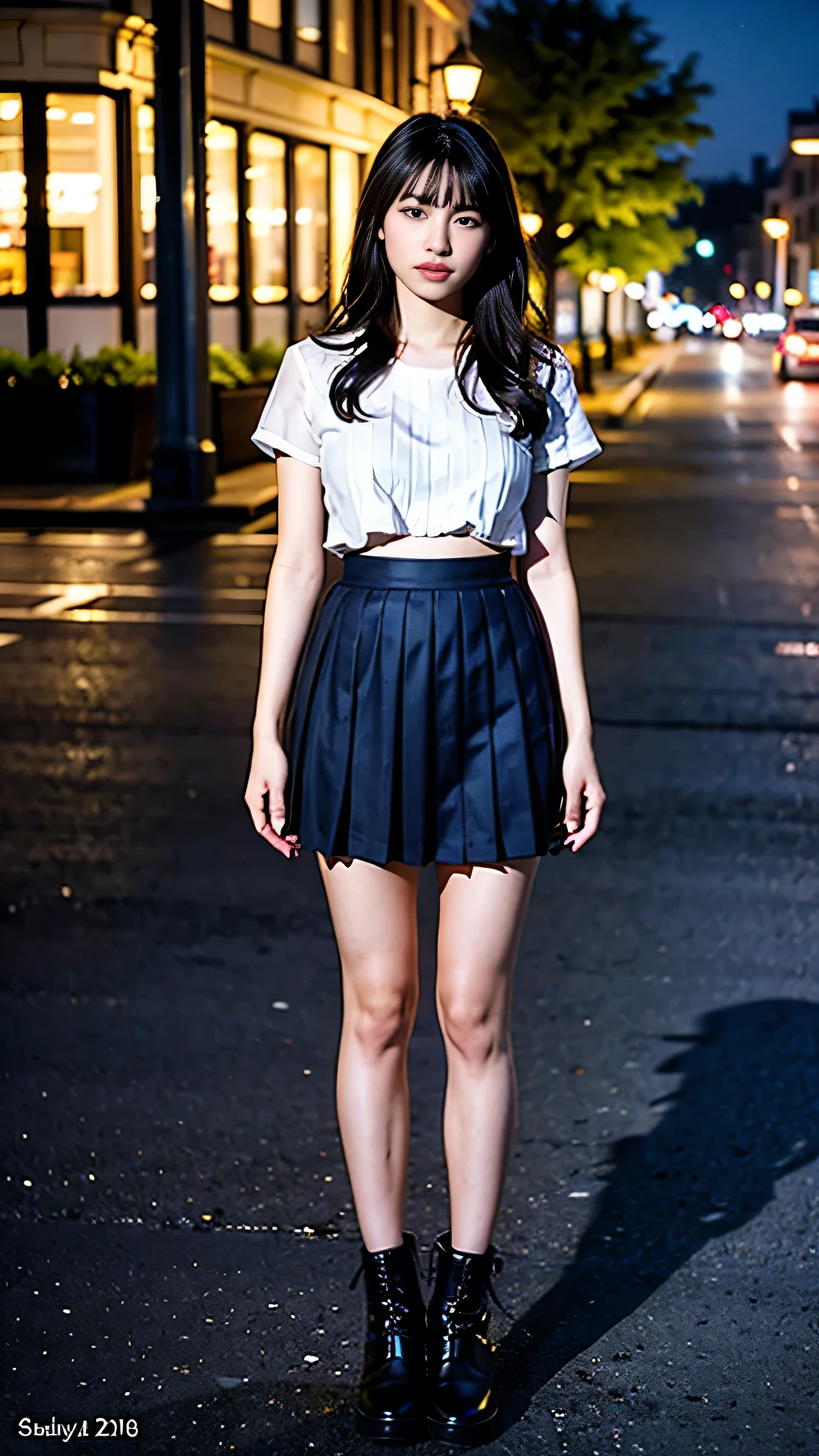 (18 years old beautiful girl), ((Best quality, 8k, Masterpiece: 1.3)), Focus: 1.2, Perfect Body Beauty: 1.4, (night, Street:1.3), Highly detailed face and skin texture, Fine eyes, Double eyelids, pale skin, slender arms, (skinny), ((big tits)), (elected nipples), White Short Sleeve sheer Dress Shirt, (Navy pleated skirt:1.5), ((mini skirt)), ((full body)), ((head to toe)),