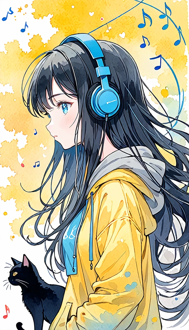 18-year-old blue-eyed girl, wearing headphones, long black hair, yellow hoodie, blue skirt, cute gray cat, Listening to music 
It is depicted as an illustration of brilliant watercolor inspiration with soft, mixed colors and delicate lines.
Body language is a side view