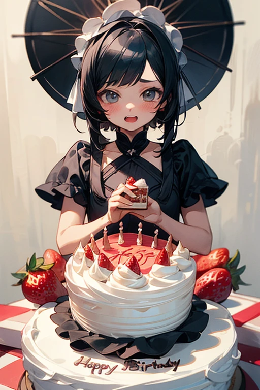 ((Highest quality)), ((masterpiece)), (detailed), One girl, 
Highest quality, ，6 year old cute 女の子 , Black Hair, Shortcuts, evil girl，Floral Dress，I want to eat cake，Strawberry Birthday Cake