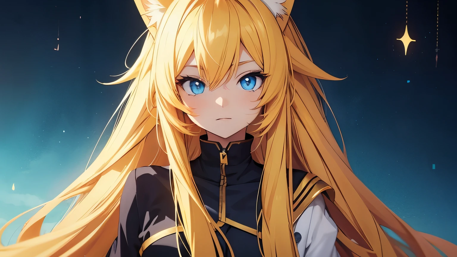 Anime cat girl with long yellow hair and blue eyes doesn't smile.
