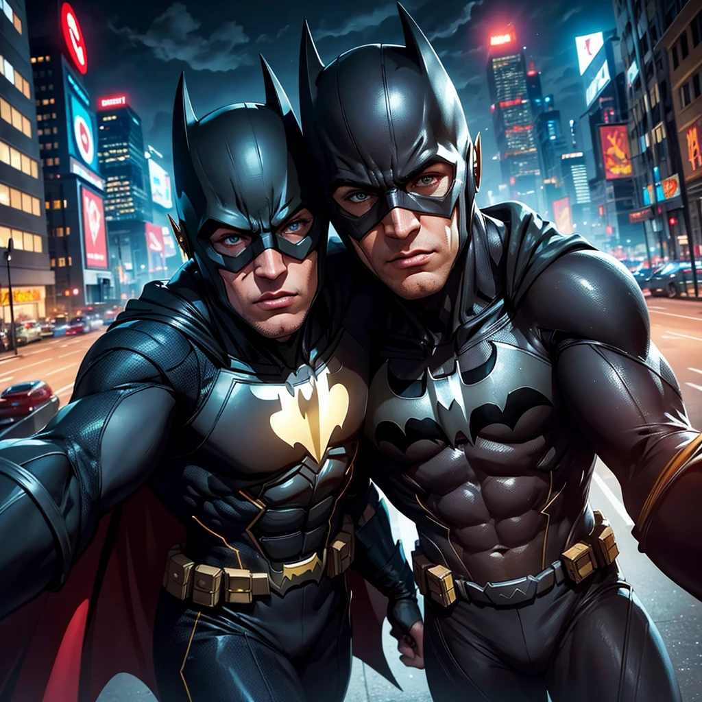 batman and the flash taking selfie, 1boy, 1boy, detailed face, detailed eyes, detailed lips, detailed facial features, muscular body, superhero costume, dynamic action pose, city background, skyscraper, cloudy sky, cinematic lighting, vibrant colors, 8k, high quality, detailed, photorealistic, concept art