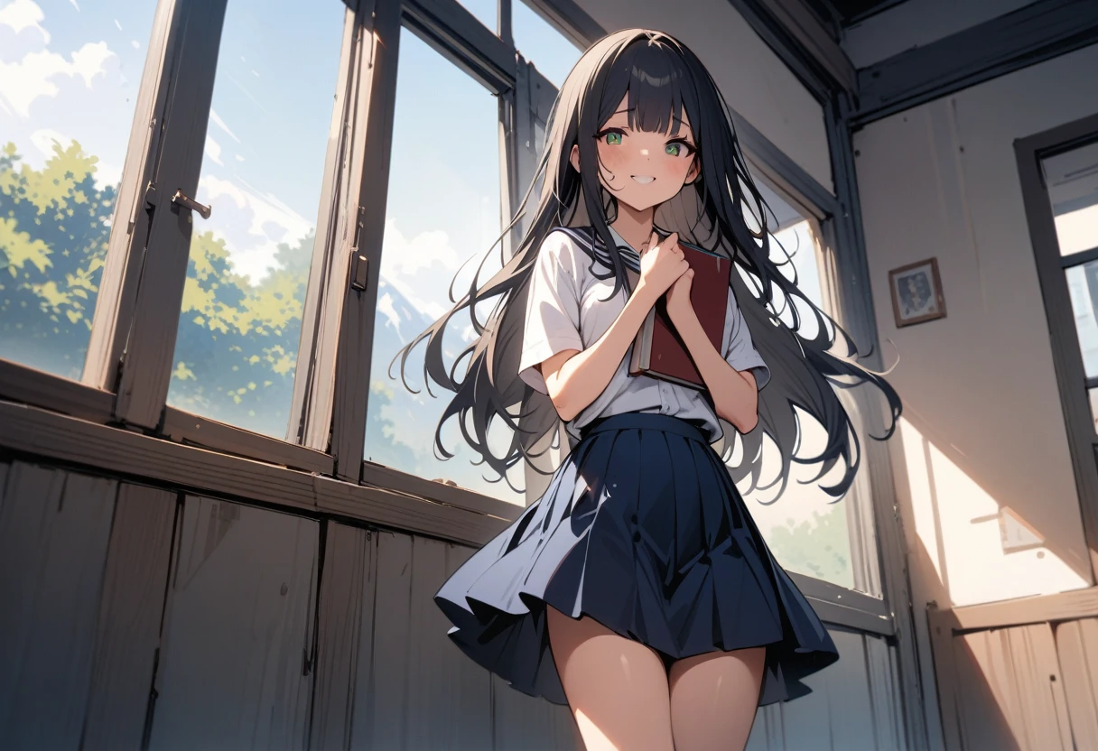 ((best quality)) , ((masterpiece)) , (detailed),A beautiful  school girl, with a white shirt and navy blue skirt, long hair with bangs, green eyes, holding books in her hands, standing by the window on a sunny day, with a happy facial expression, in a full body shot, in the style of Makoto Shinkai.