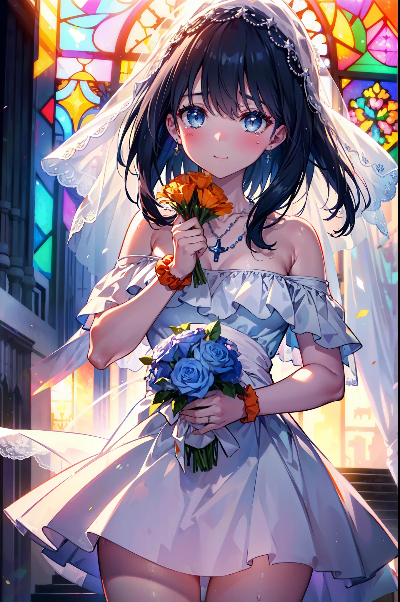 Rikka body, Black Hair, blue eyes, Long Hair, orange Scrunchie, Scrunchie, wrist Scrunchie,happy smile, smile, Open your mouth,,blush,off-the-shoulder wedding dresses,necklace,Veil,Holding a bouquet in both hands,,Please close your eyes.,Tears stream down her face,Tears of joy,I cry a lot,Stained glass,
break looking at viewer, whole body,(Cowboy Shot:1. 5) break indoors, Chapel,church, break (masterpiece:1.2), Highest quality, High resolution, unity 8k wallpaper, (shape:0.8), (Beautiful attention to detail:1.6), Highly detailed face, Perfect lighting, Extremely detailed CG, (Perfect hands, Perfect Anatomy),