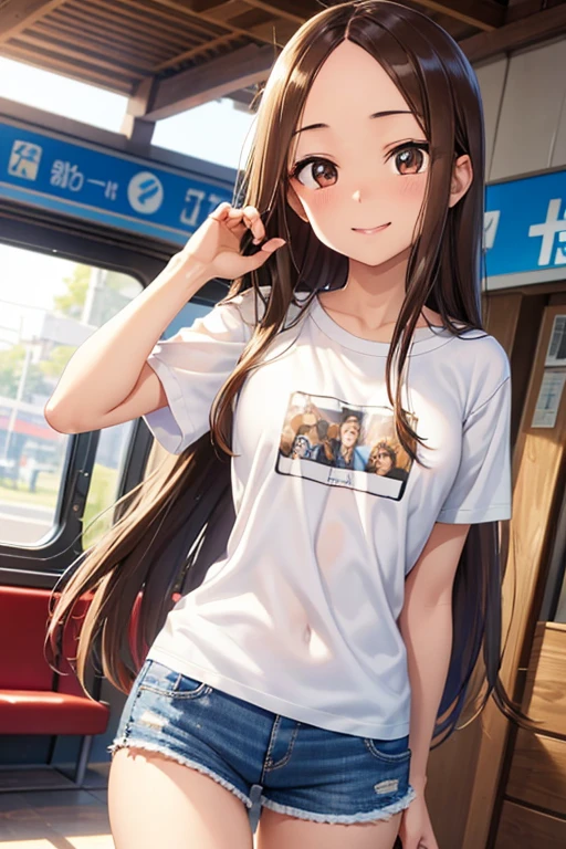 Takagi-san、Shiny brown hair, Straight Long Hair,((Medium chest、Forehead、Center part))、 Beautiful brown eyes、smile、Sparkling eyes, (fine grain)、Very fine eye、Highly detailed face, Highly detailed eyes, Cowboy Shot、
(Highest quality, Super detailed, The absolute solution:1.3), (Realistic), View your viewers, Cheerful girl, Female travelers, Cowboy Shot, walk, T-Shirts, Short shorts, Huge train station,