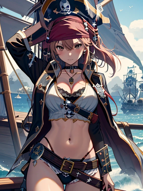 (Pirate War:1.5), Misaka Mikoto, 1girl, black choker, uhd, retina, masterpiece, ccurate, anatomically correct, textured skin, super detail, high details, high quality, best quality, highres, 4K