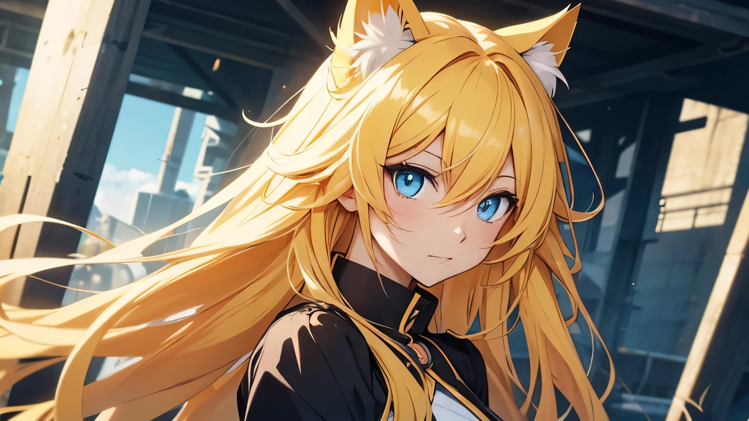 Anime cat girl with long yellow hair and blue eyes doesn't smile.