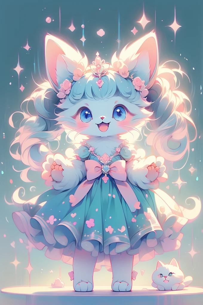 (Chibi Girl:1.2)、(Chalk Drawing:1.2)、Ezvian everywhere、Long twin tails、bow、tiara、Fluffy dress、Fun expression、Fluffy robot cat_Floating、Fluffy cat_hold、Laughing cat pose、high quality、High Detail、original、Chalk color background、Colorful gradient