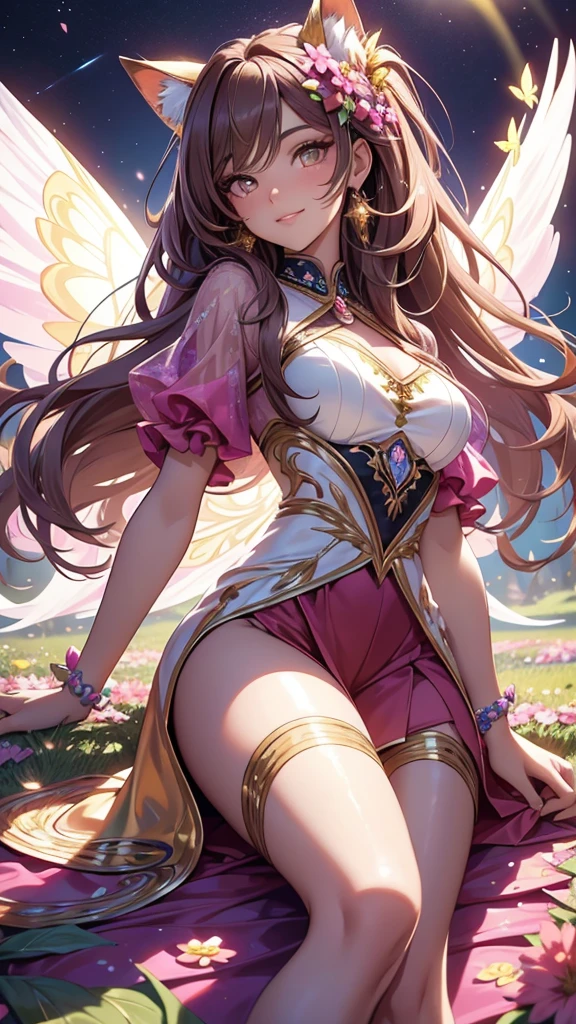 (best quality,4k,8k,highres,masterpiece:1.2),ultra-detailed,(realistic,photorealistic,photo-realistic:1.37),acrylic painting,beautiful Brazilian model in a Lolita dress with downy hair,beautiful Brazilian model with extremely colorful hair and detailed facial features,beautiful Brazilian model standing in a beautiful garden surrounded by a starry sky,brown hair,beautiful Brazilian model wearing a vibrant Lolita dress,beautiful Brazilian model with intricate accessories,cat ears,beautiful Brazilian model posing gracefully with her hands on her hips,beautiful Brazilian model with long flowing twintails,beautiful Brazilian model with bright brown eyes and rosy lips,beautiful Brazilian model with a joyful expression,beautiful Brazilian model in a dynamic pose with cherry blossoms falling around her,beautiful Brazilian model surrounded by colorful flowers and butterflies,beautiful Brazilian model's dress adorned with cute bows and lace details,beautiful Brazilian model with an enchanting smile,beautiful Brazilian model with soft, pastel-colored shading,beautiful Brazilian model with a magical glow illuminating her,beautiful Brazilian model in a picturesque setting with a winding path leading to a magnificent castle,beautiful Brazilian model sitting down,beautiful Brazilian model with a fairytale-like background,beautiful Brazilian model with a soft, dreamy atmosphere,beautiful Brazilian model with a subtle bokeh effect,beautiful Brazilian model standing under a moonlit sky,beautiful Brazilian model with a warm, golden sunset in the background,beautiful Brazilian model surrounded by twinkling stars and colorful nebulae,creating an ethereal and captivating artistic masterpiece.