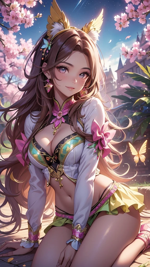 (best quality,4k,8k,highres,masterpiece:1.2),ultra-detailed,(realistic,photorealistic,photo-realistic:1.37),acrylic painting,beautiful Brazilian model in a uniform outfit with downy hair,beautiful Brazilian model with extremely colorful brown hair and detailed facial features,beautiful Brazilian model standing in a beautiful garden surrounded by a starry sky,brown hair,beautiful Brazilian model wearing a vibrant pink and teal uniform,beautiful Brazilian model with intricate accessories,cat ears,beautiful Brazilian model posing gracefully with her hands on her hips,beautiful Brazilian model with long flowing twintails,beautiful Brazilian model with bright brown eyes and rosy lips,beautiful Brazilian model with a joyful expression,beautiful Brazilian model in a dynamic pose with cherry blossoms falling around her,beautiful Brazilian model surrounded by colorful flowers and butterflies,beautiful Brazilian model's uniform adorned with cute bows and lace details,beautiful Brazilian model with an enchanting smile,beautiful Brazilian model with soft, pastel-colored shading,beautiful Brazilian model with a magical glow illuminating her,beautiful Brazilian model in a picturesque setting with a winding path leading to a magnificent castle,beautiful Brazilian model with a fairytale-like background,beautiful Brazilian model with a soft, dreamy atmosphere,beautiful Brazilian model with a subtle bokeh effect,beautiful Brazilian model standing under a sunny sky,beautiful Brazilian model with a warm, golden sunset in the background,beautiful Brazilian model surrounded by twinkling stars and colorful nebulae,creating an ethereal and captivating artistic masterpiece, sitting down.