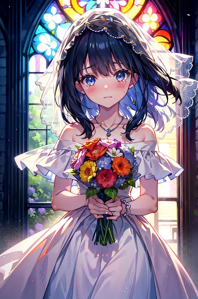 Rikka body,  Black Hair, blue eyes, Long Hair, orange Scrunchie, Scrunchie, wrist Scrunchie,happy smile, smile, Open your mouth,blush,off-the-shoulder wedding dresses,necklace,Veil,Holding a bouquet in both hands,,Please close your eyes.,Tears stream down her face,Tears of joy,I cry a lot,Stained glass,　　　　　　　　　　　　 
 break looking at viewer, whole body,(Cowboy Shot:1. 5) 　　　　　　　　　　　　　　　　　　　break indoors, Chapel,church, 　　　　　　　　　　　break (masterpiece:1.2), Highest quality, High resolution, unity 8k wallpaper, (shape:0.8), (Beautiful attention to detail:1.6), Highly detailed face, Perfect lighting, Extremely detailed CG, (Perfect hands, Perfect Anatomy),