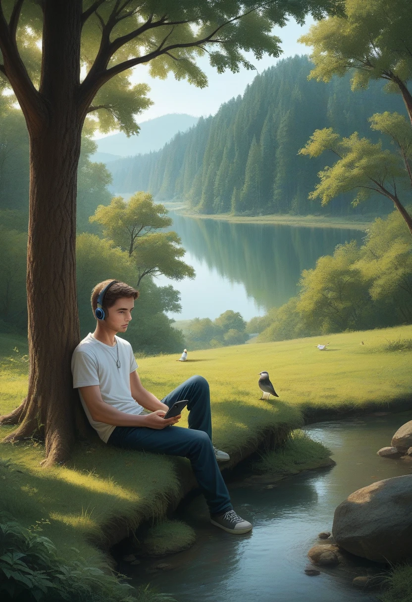 Generate an image for me.
A beautiful green valley in which there are many trees and birds sitting on that trees. A boy is sitting under a tree with iphone and headset also some birds are sitting near him and a beautiful small river is in front of him. Make it realistic 