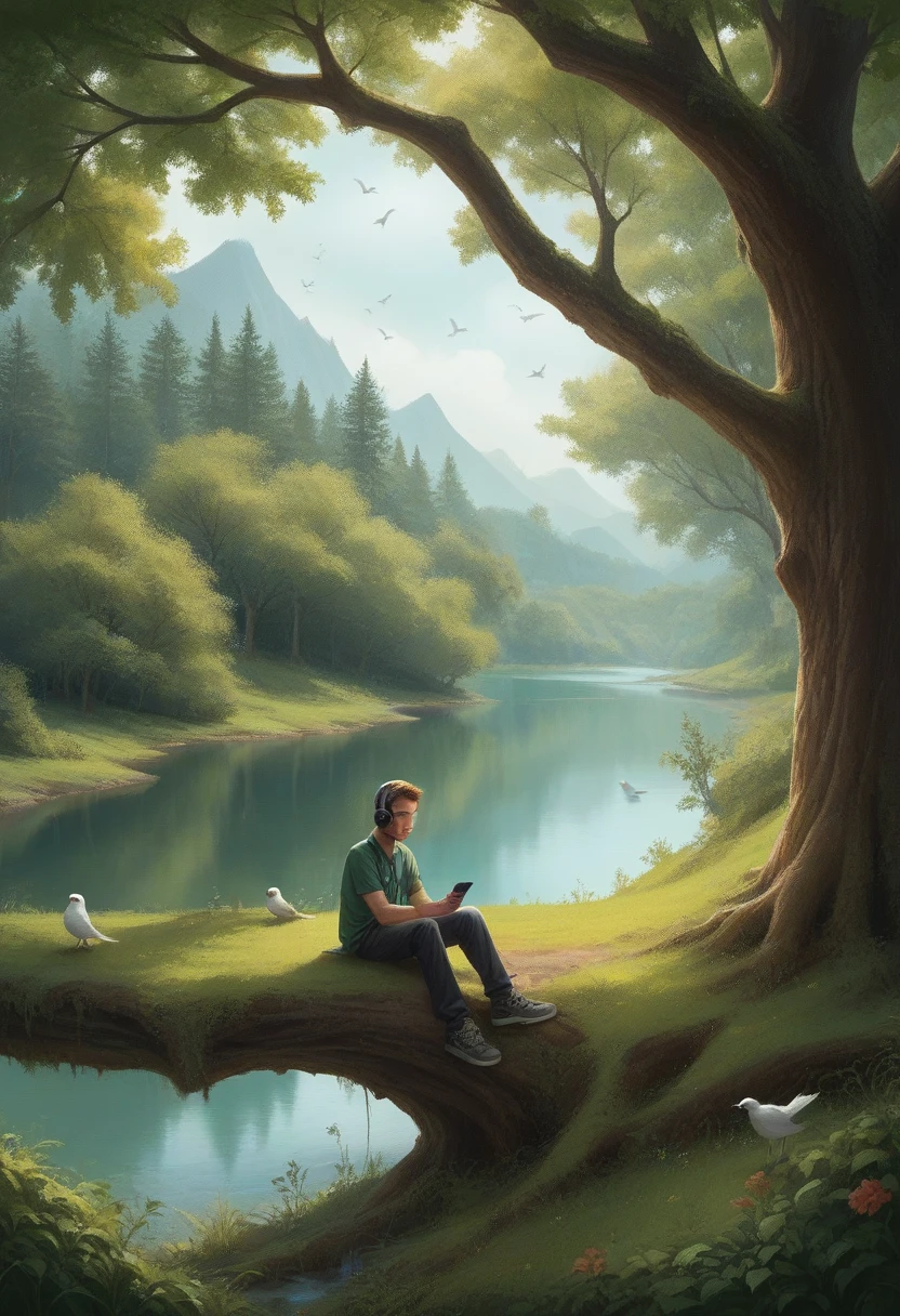 Generate an image for me.
A beautiful green valley in which there are many trees and birds sitting on that trees. A boy is sitting under a tree with iphone and headset also some birds are sitting near him and a beautiful small river is in front of him. Make it realistic