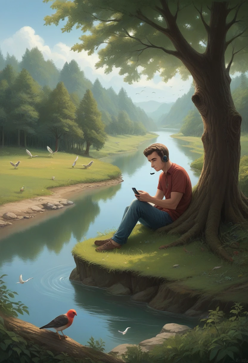 Generate an image for me.
A beautiful green valley in which there are many trees and birds sitting on that trees. A boy is sitting under a tree with iphone and headset also some birds are sitting near him and a beautiful small river is in front of him. Make it realistic